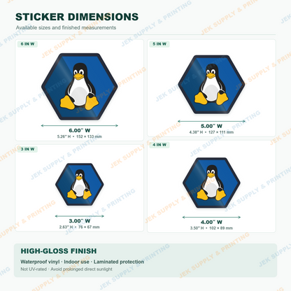 Linux Tux penguin on blue hexagon open source computer sticker, sticker size chart for 3, 4, 5 and 6 inch width options