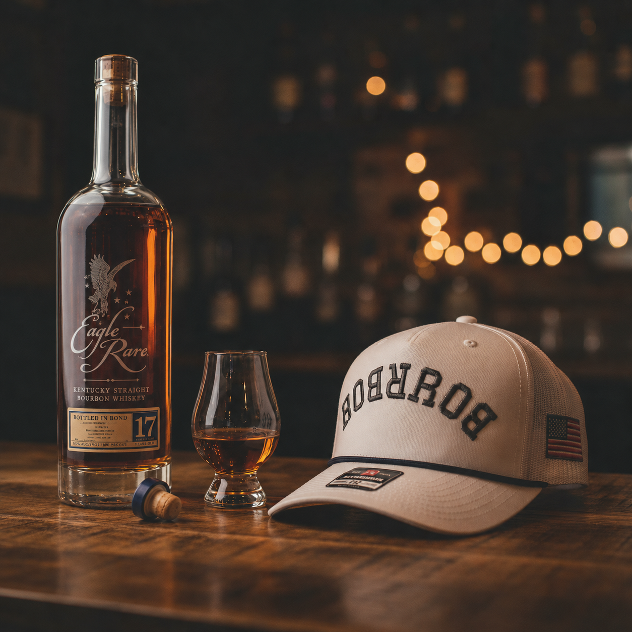 Bottle of Eagle Rare bourbon, glass with whiskey, and cap on a wooden surface with blurred lights in the background