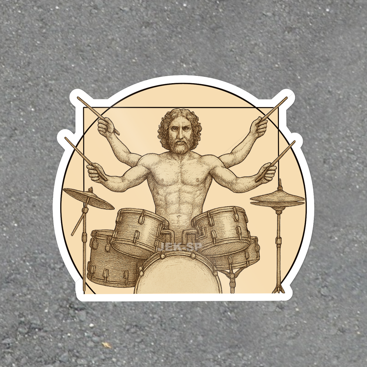 Vitruvian Man four armed drummer with Renaissance inspired drum kit artwork, glossy vinyl laptop sticker