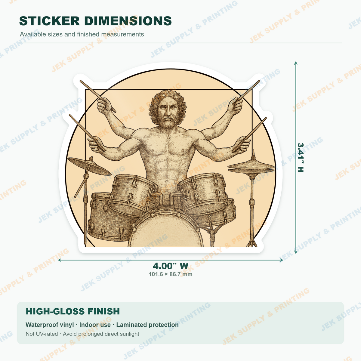 Vitruvian Man four armed drummer with Renaissance inspired drum kit artwork, 4 inch width measurement diagram