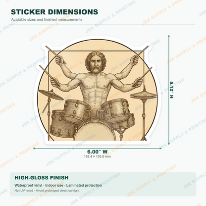 Vitruvian Man four armed drummer with Renaissance inspired drum kit artwork, 6 inch width measurement diagram