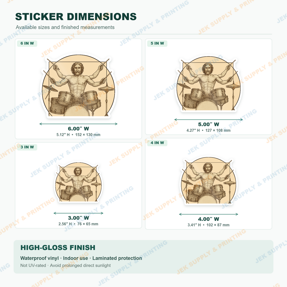 Vitruvian Man four armed drummer with Renaissance inspired drum kit artwork, sticker size chart for 3, 4, 5 and 6 inch width options