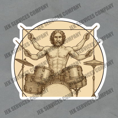 Vitruvian Man Drummer Sticker – Musical Vinyl Decal, Waterproof Drum Art Sticker