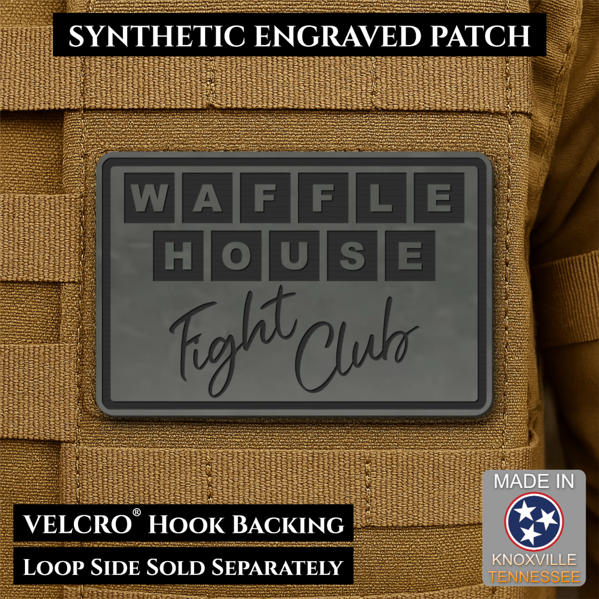 Waffle House Fight Club Synthetic Funny Morale Patch, 2x3" | Made in USA | VELCRO® Brand Hook Backing
