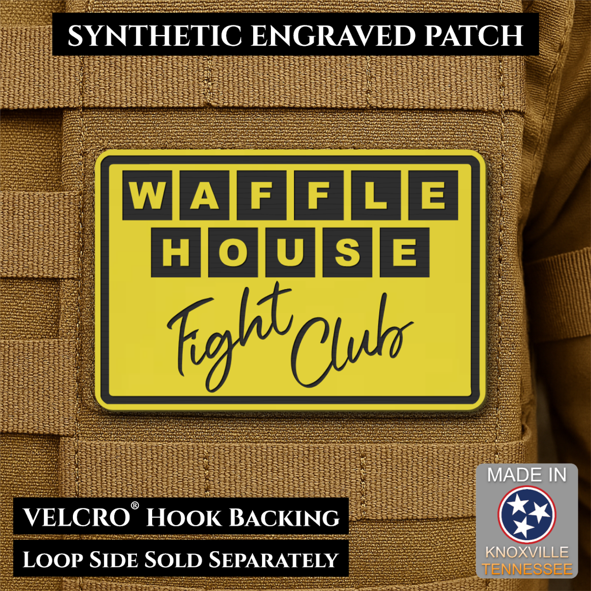 Waffle House Fight Club Synthetic Funny Morale Patch, 2x3" | Made in USA | VELCRO® Brand Hook Backing