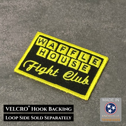 Black and yellow embroidered morale patch featuring the phrase "Waffle House Fight Club" in a design inspired by classic diner signage and internet meme culture.