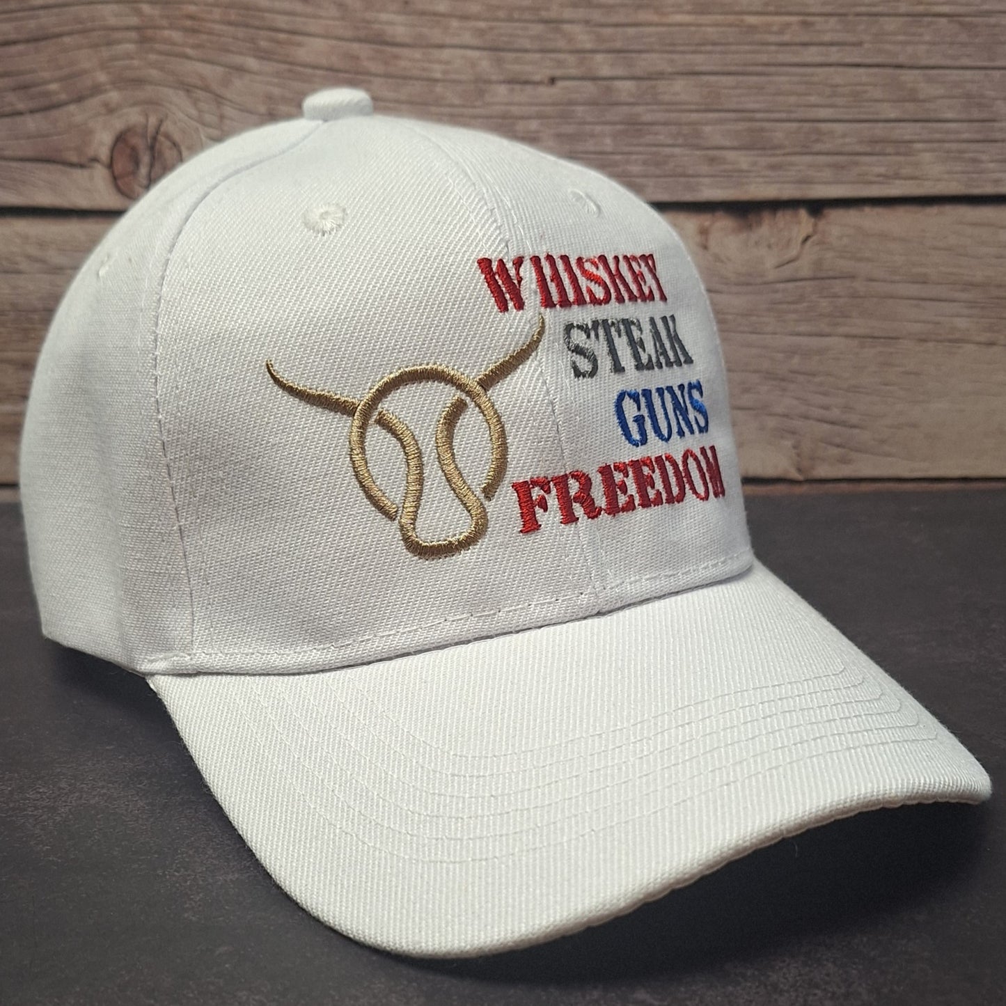Whiskey Steak Guns Freedom Embroidered Hat – Country Lifestyle Patriotic Trucker Cap / Flexfit Snapback
