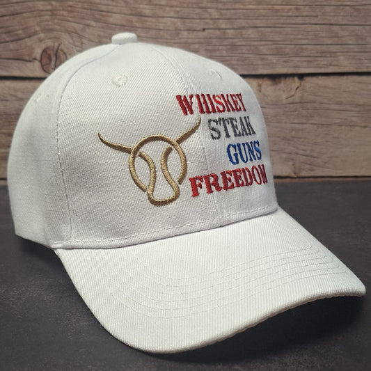 Whiskey Steak Guns Freedom Embroidered Hat – Country Lifestyle Patriotic Trucker Cap / Flexfit Snapback