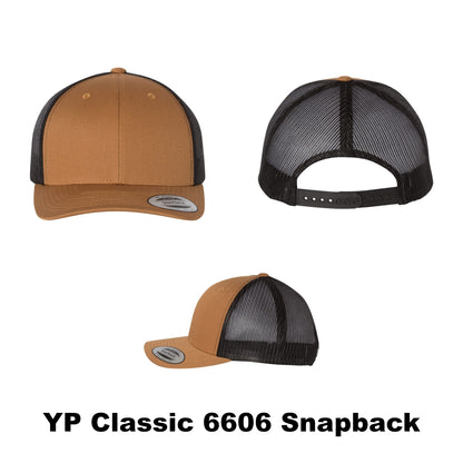 Blank YP Classic 6606 Snapback Trucker in caramel and black, selectable trucker hat style and color