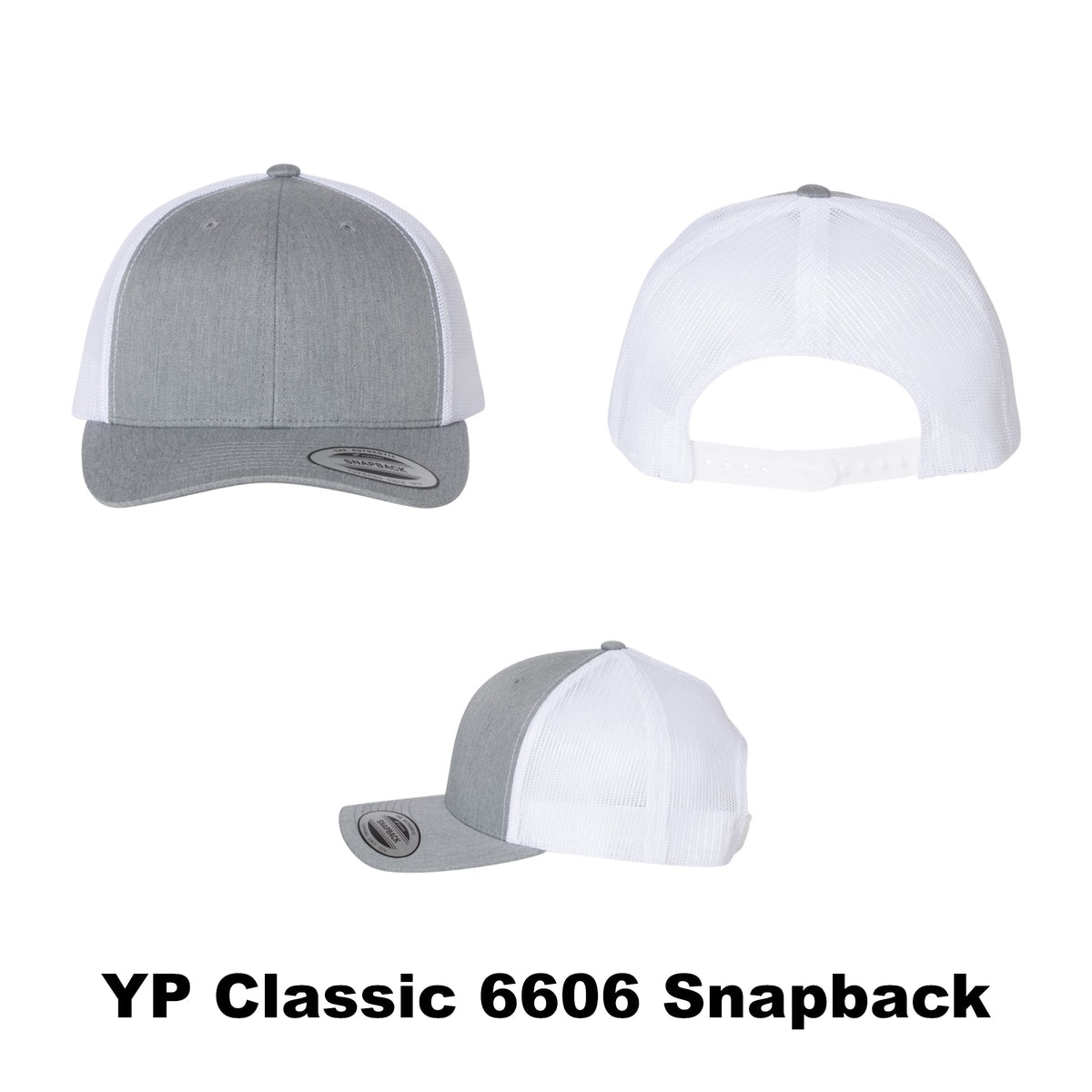Blank YP Classics 6606 snapback trucker hat, heather gray on white color combination