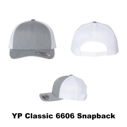 Blank YP Classics 6606 snapback trucker hat, heather gray on white color combination
