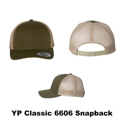 Blank YP Classic 6606 Snapback Trucker in moss and khaki, selectable trucker hat style and color
