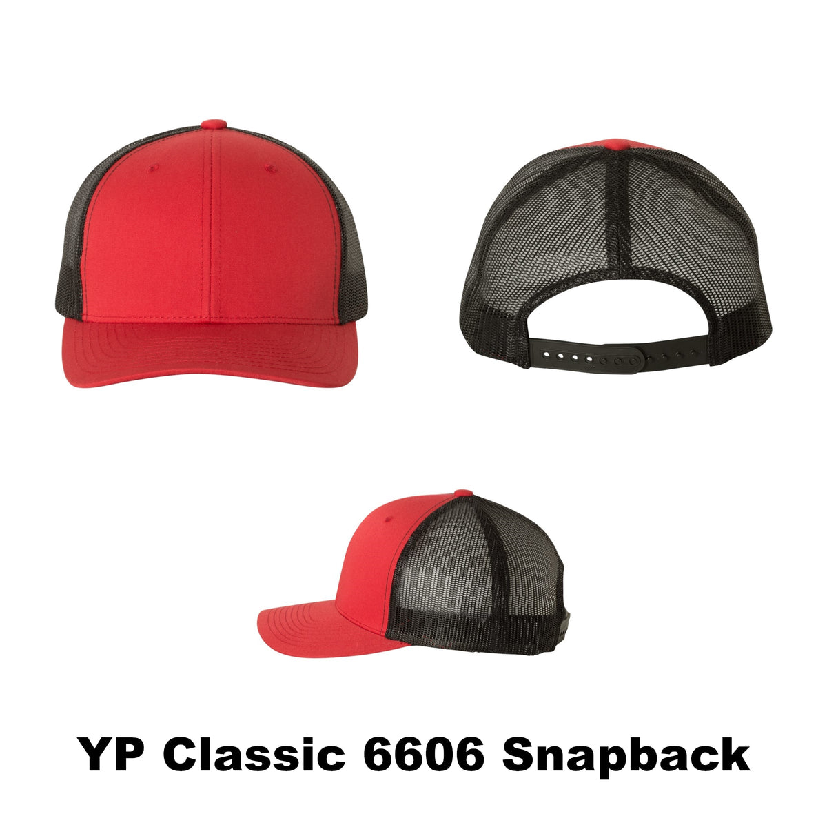 Blank YP Classic 6606 Snapback Trucker in red and black, selectable trucker hat style and color