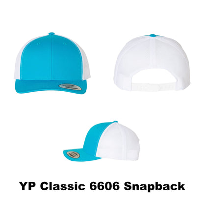 Blank YP Classics 6606 snapback trucker hat, turquoise blue on white color combination