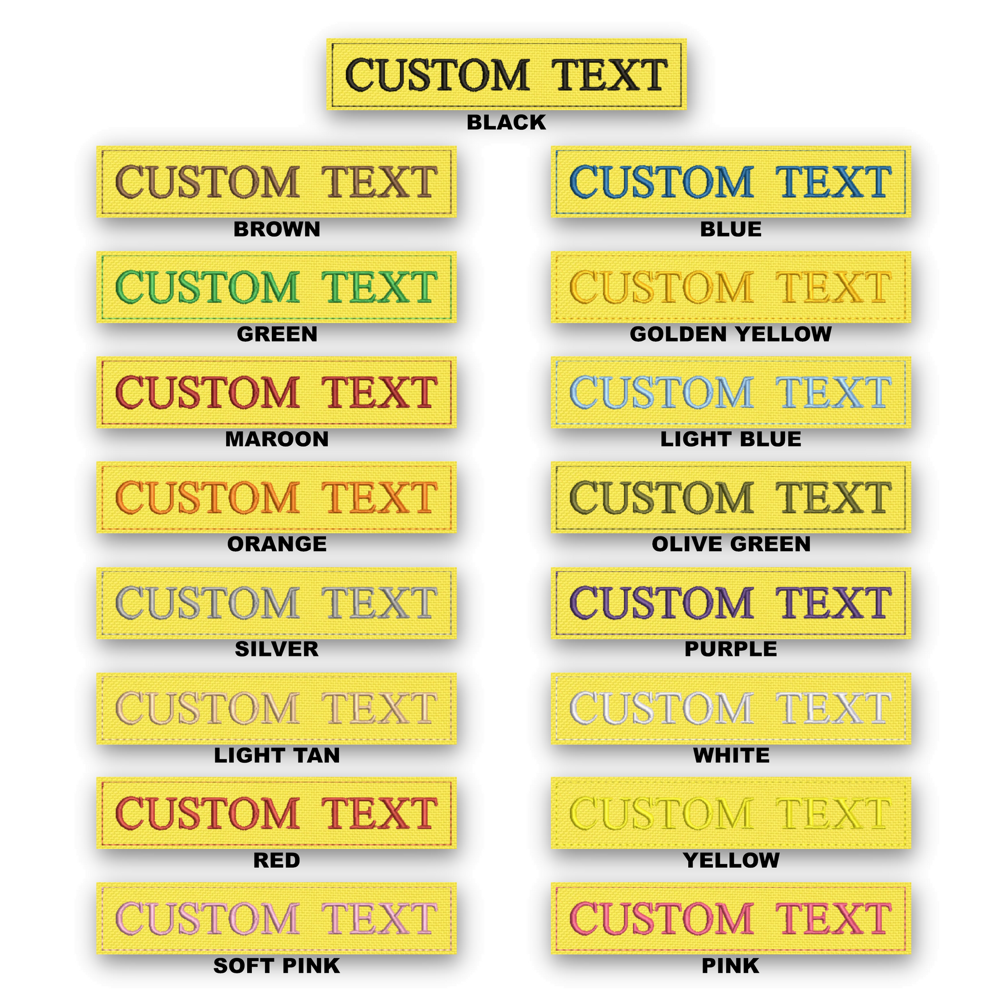 A color-options chart showing multiple rectangular label examples with customizable text on a white background. The top header reads 'CUSTOM TEXT' and the labels below indicate available colors such as black, brown, green, golden yellow, maroon, light blue, olive green, silver, purple, light tan, white, red, yellow, and soft pink.