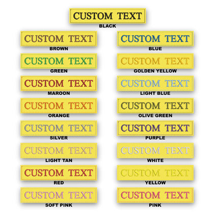A color-options chart showing multiple rectangular label examples with customizable text on a white background. The top header reads 'CUSTOM TEXT' and the labels below indicate available colors such as black, brown, green, golden yellow, maroon, light blue, olive green, silver, purple, light tan, white, red, yellow, and soft pink.