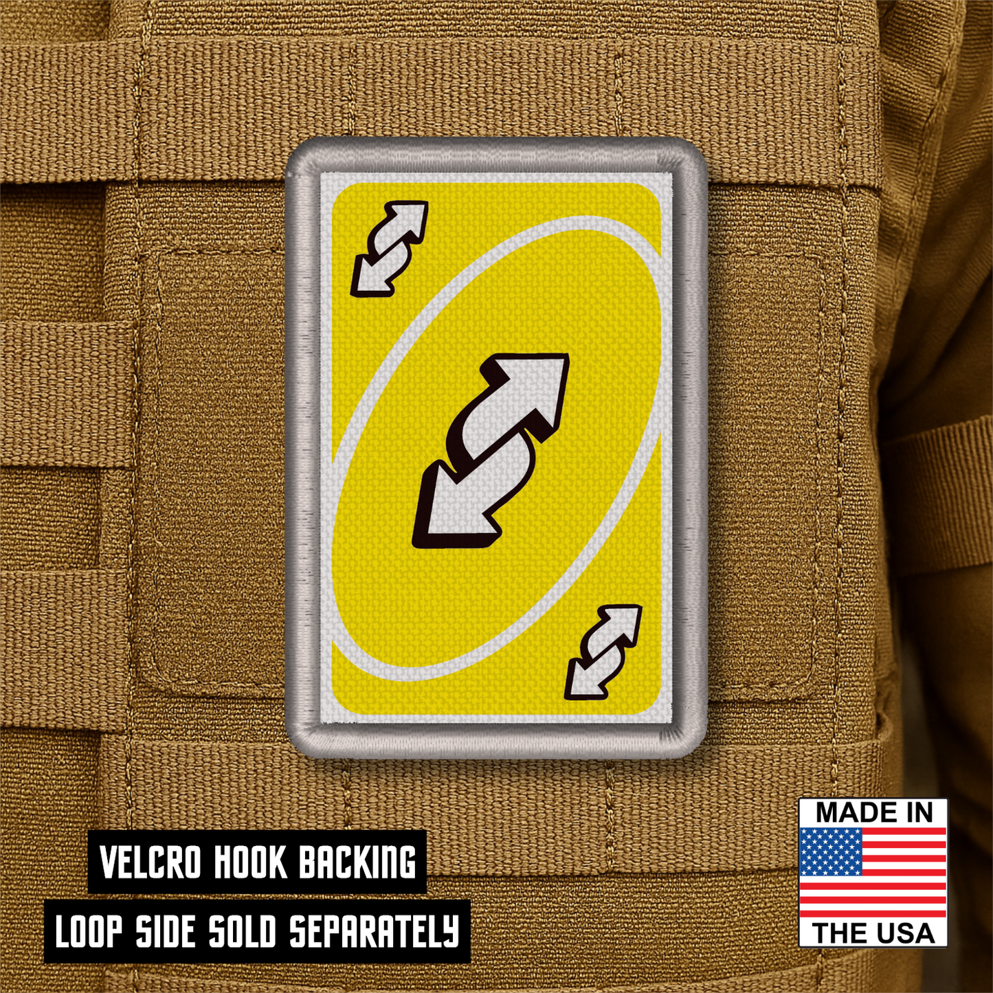 UNO Reverse Card Funny Morale Patch, 2x3" | Made in USA | VELCRO® Brand Hook Backing