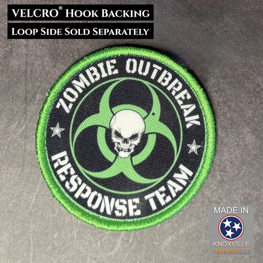 Zombie Outbreak Response Team patch with biohazard symbol on a gray background