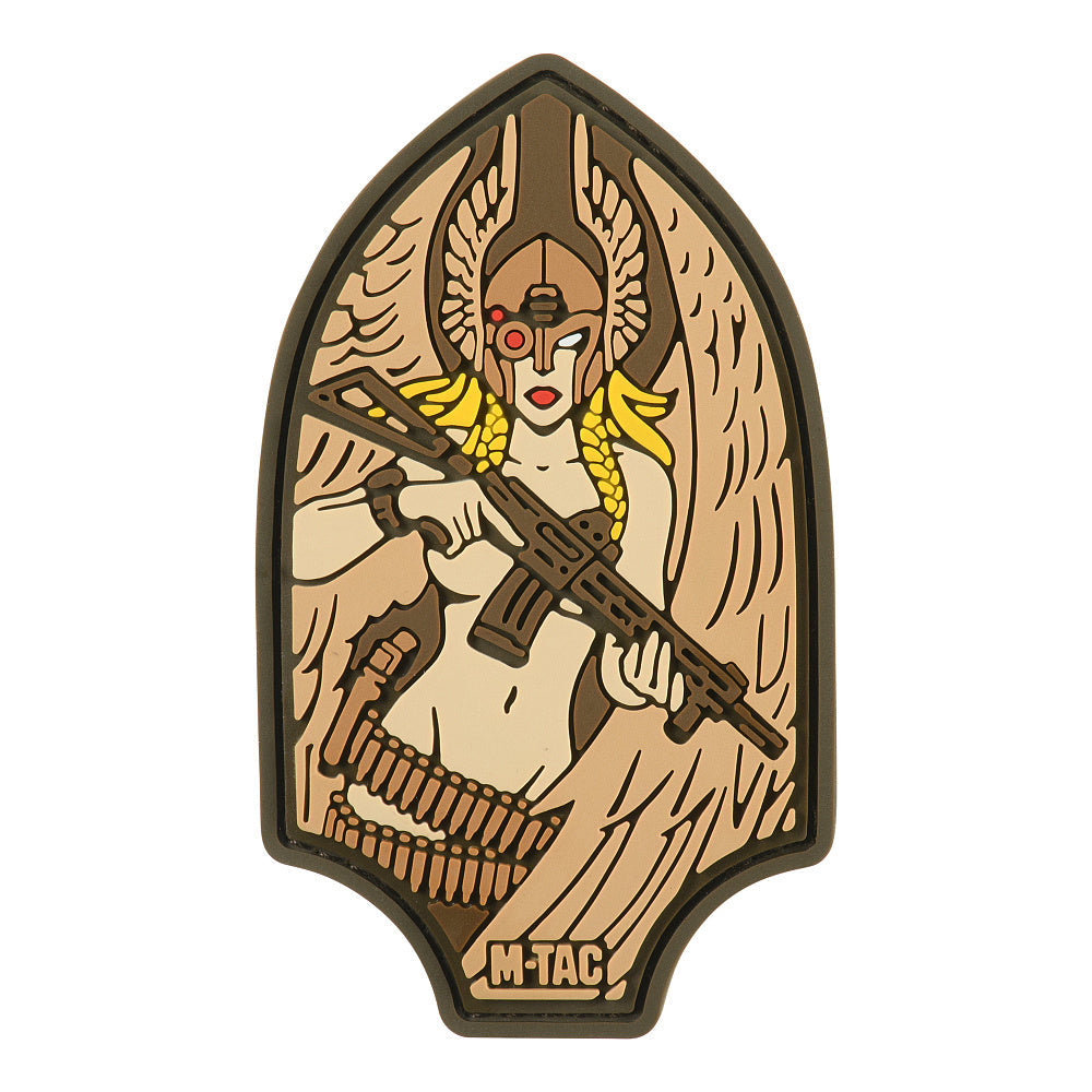 M-Tac Valkyrie PVC morale patch featuring a winged female warrior with rifle, ammunition belt, and tactical hook and loop backing.