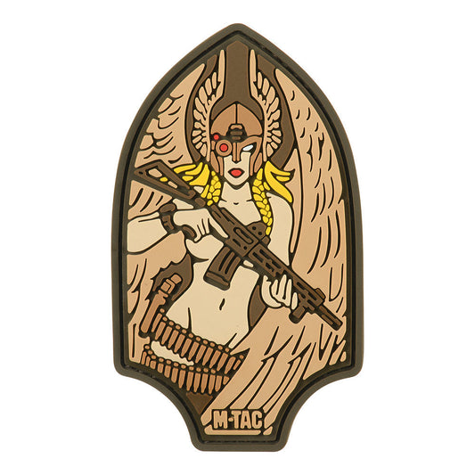 M-Tac Valkyrie PVC morale patch featuring a winged female warrior with rifle, ammunition belt, and tactical hook and loop backing.