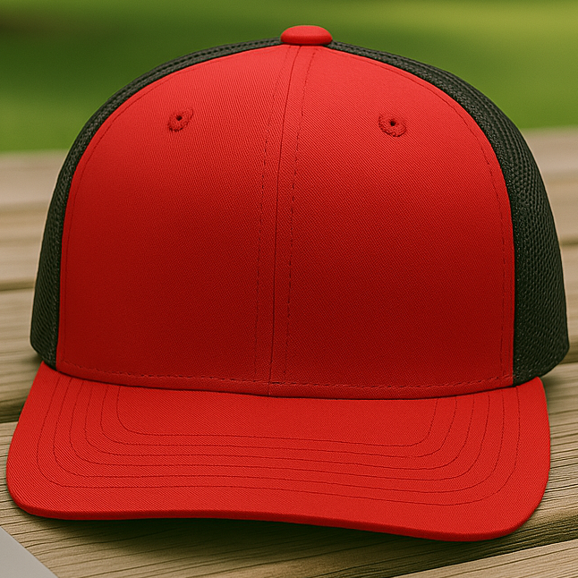 Red and black cap on a wooden surface with a blurred green outdoor background