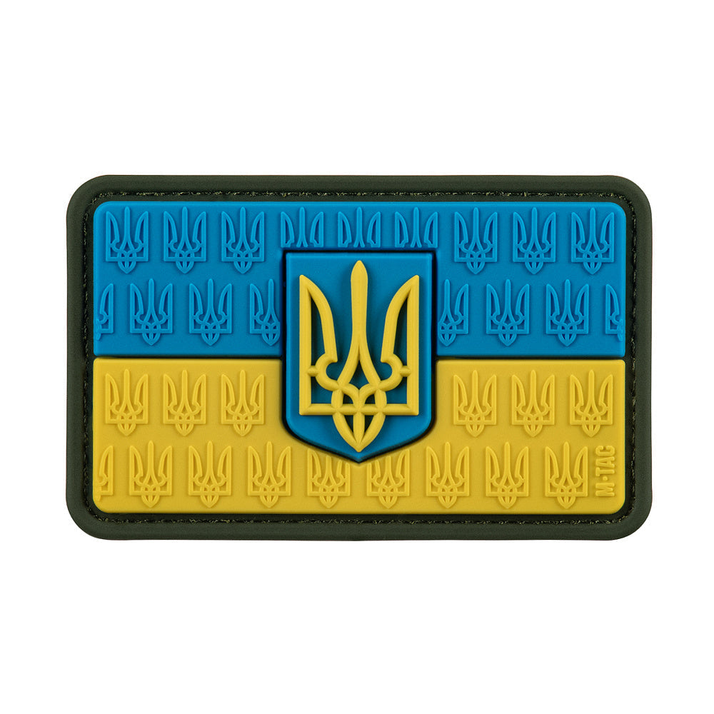 M-Tac Ukraine flag PVC morale patch featuring the blue and yellow Ukrainian flag with the national trident emblem and hook and loop backing.
